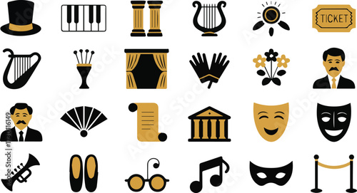 Vector art of collection of theater and art icons in black and gold