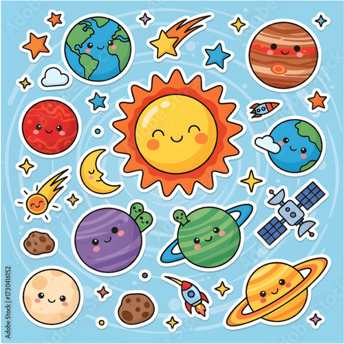 Adorable solar system vector set with smiling planets, sun, moon, rockets, and comets. Great for kids’ astronomy, posters, and educational materials.