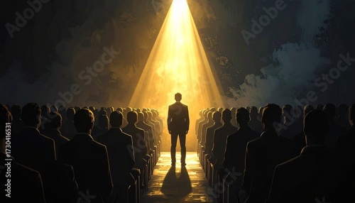 A lone figure stands under golden spotlight—surrounded by shadowed crowd in suits, dark clouds behind. A metaphor for distinction and the choreography of isolation through chosen visibility.