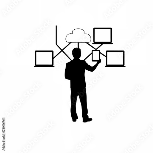 Silhouette of admin reviewing iot device logs connected to cloud isolated on white background