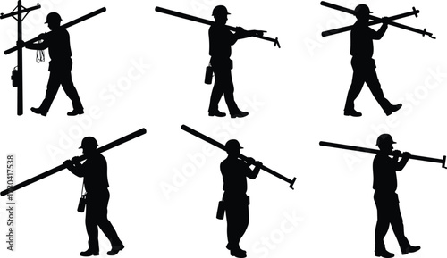 Construction worker silhouette carrying utility pole with hard hat, maintenance action poses, electricity line repair, industrial safety, vector illustration set