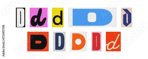 Magazine letter D cutout tiles collage set, colorful on transparent PNG
