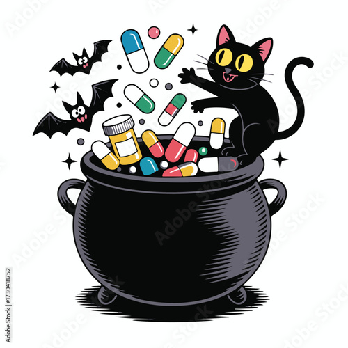Funny Halloween Black Cat with Cauldron Full of Colorful Pills – Spooky and Playful Cartoon Vector with Bats and Magical Elements – Dark Comedy and Whimsical Witchcraft Art
