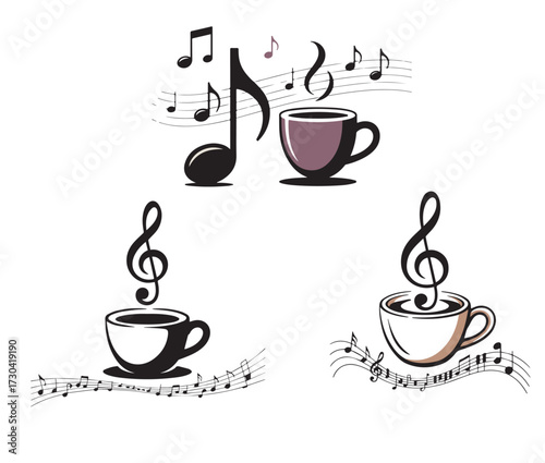 Coffee Cup with Musical Notes Vector Illustration, Creative Cafe Design with Steaming Hot Coffee and Treble Clef, Music and Coffee Concept Art for Cafe Logo, Restaurant Branding, Posters, and Lifestyl