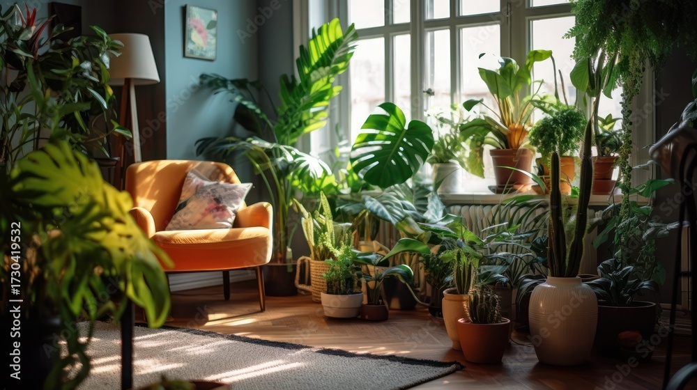 Fototapeta premium a cozy indoor jungle, lush green plants in terracotta pots, warm lighting, a comfortable orange armchair, natural wood floors, large windows letting in sunlight, potted succulents, ferns, and other tr