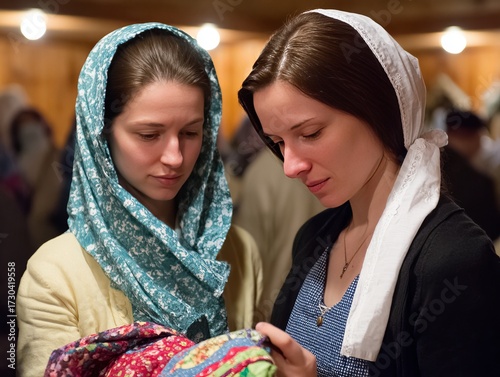 Amish and mennonite women examining traditional handmade quilt