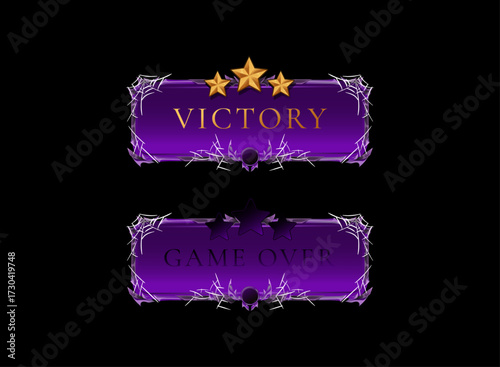 Halloween victory game over screen UI. Spooky gothic purple banner with cobwebs, skull, star rating result panel for fantasy rpg moba mmorpg halloween event game ui overlay template