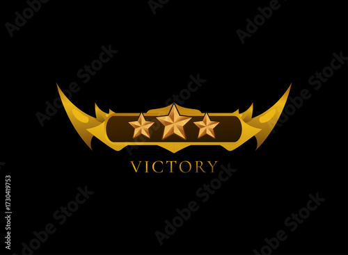 Golden victory game result UI banner. Epic medieval fantasy RPG MOBA MMORPG reward overlay screen with gold star rating ornate frame and horn design for ranking, winning, achievement and score panel.