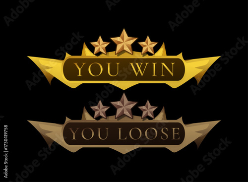 Fantasy victory and defeat banner UI with gold and bronze stars. RPG adventure mobile game win and lose interface screen with ornate frame, reward stars, medieval fantasy HUD overlay design.