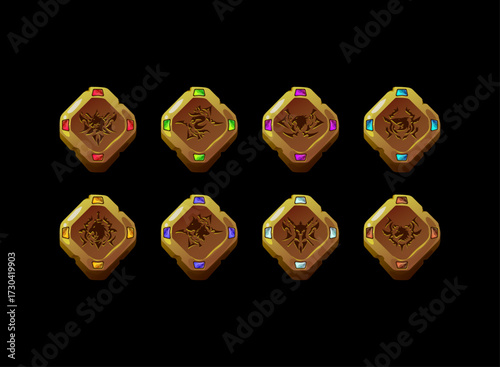 Fantasy rustic clan emblem coin pack. Square gold token with colored gems and dragon, beast, serpent, demon symbols. RPG premium currency, reward, loot, medal icon for TCG, MMO and mobile games.