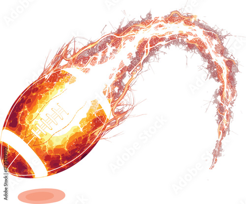 American football in motion with fiery trails and glowing embers