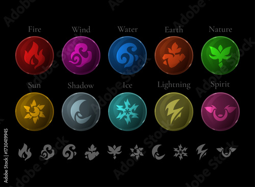 Fantasy elemental icon token pack. Fire, wind, water, earth, nature, sun, shadow, ice, lightning, spirit. Magic skill marker, RPG currency, upgrade emblem, fantasy badge, UI button design.