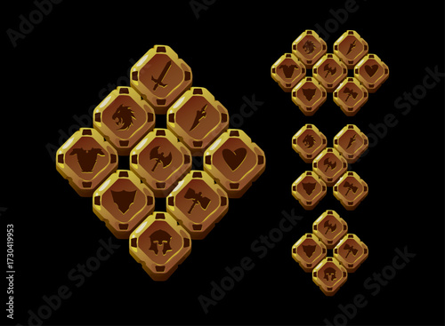 Fantasy clean polished RPG coin token pack. Golden square currency with sword, axe, shield, heart, armor, warrior, beast icon. RPG skill marker, upgrade reward, clan badge, battle loot, UI design.