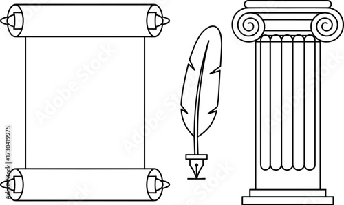 Ancient scroll column and feather pen drawing