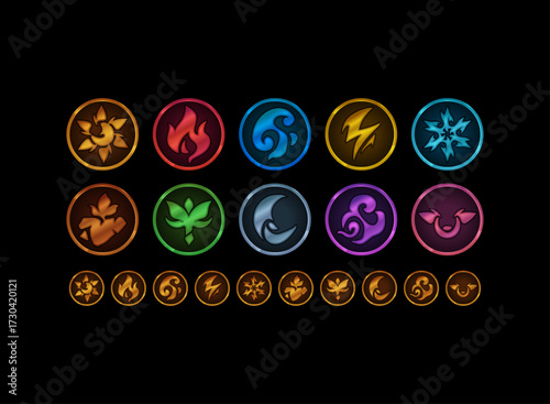 Fantasy elemental coin icon pack. Fire, water, wind, earth, nature, sun, shadow, ice, lightning, spirit. RPG skill button, game currency token, upgrade emblem, polished fantasy UI badge.