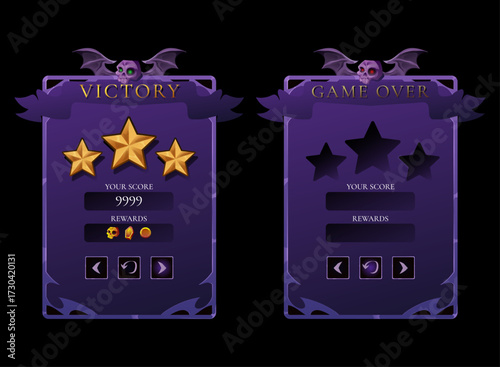 Halloween gothic victory and game over screen UI. Dark purple spooky interface with skulls bats stars rewards popup for horror fantasy RPG puzzle adventure casual mobile game Halloween event.