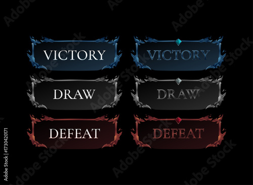 Fantasy gothic victory draw defeat banner UI. Dark medieval game popup screen with jewel ornaments for score result end match rpg moba card fighting strategy mobile game interface asset kit.
