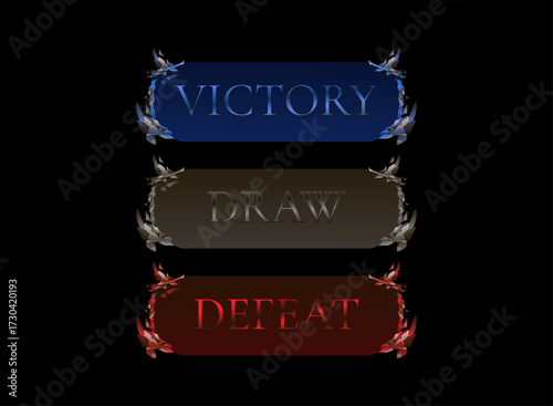 Rustic stone victory draw defeat banner UI. Rough fantasy gothic end match result screen with cracked rock frame for rpg dungeon crawler card battle moba fighting game hud interface pack.