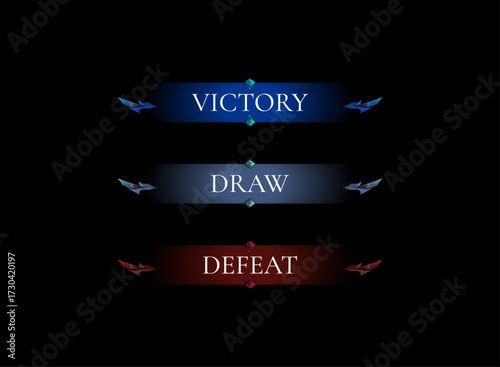 Clean fantasy victory draw defeat banner UI. Minimal elegant game result screen with crystal gem and wing edge for rpg card battle moba dungeon crawler fighting game hud interface pack.