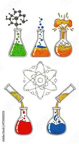 Chemical reactions. Set of science and chemistry color icons. Vector illustration. Multilayer SVG file without gaps between paths.