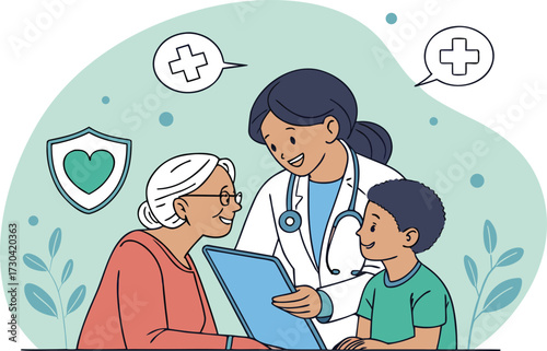 Doctor consulting with elderly woman and child representing family healthcare, medical advice, patient care, prevention, wellness support, and trust in professional healthcare communication illustrati