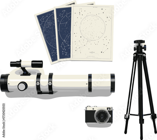 Astronomy equipment including a telescope tripod camera and star charts (1)