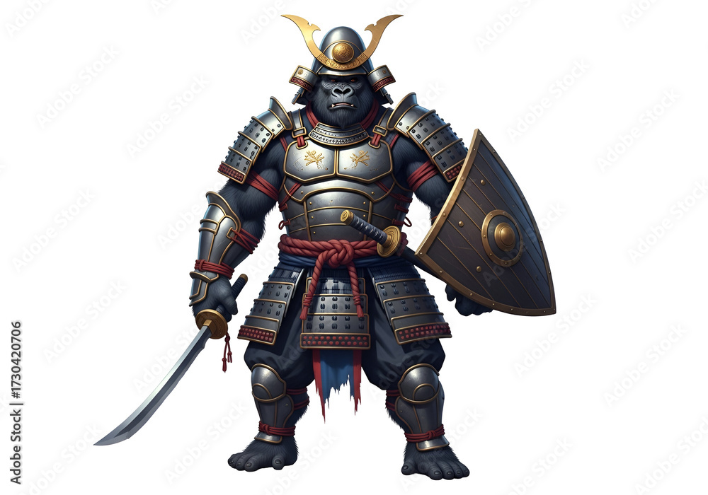 Fototapeta premium A large, ape-like creature clad in elaborate samurai armor, holding a sword and shield, stands against a stark black backdrop.