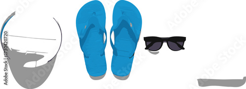 Beach essentials laid out neatly on a white background including a ball flip flops sunglasses and towel