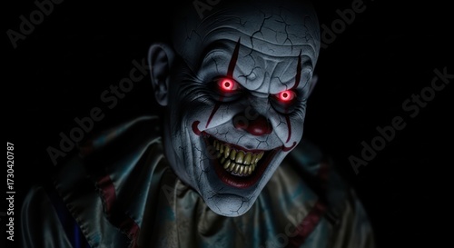 Sinister clown portrait with glowing eyes evoking horror and unsettling atmosphere