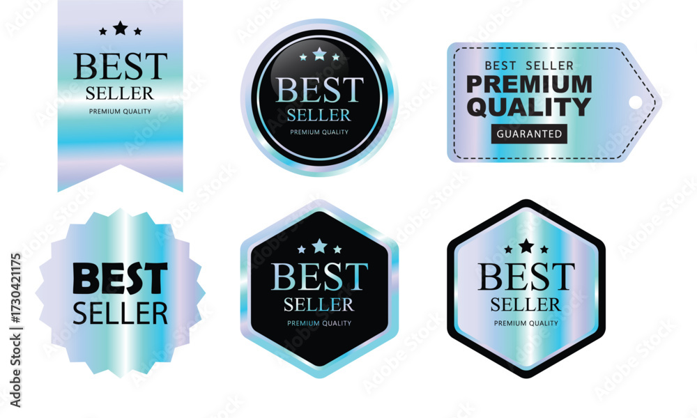 Obraz premium Set of Color holographic stickers template, label. Round Shiny Smooth Mirror Rainbow Emblem Best seller. Award, medal with stars. Used for business purpose