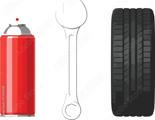 Car tire repair kit with spray can and wrench on white background