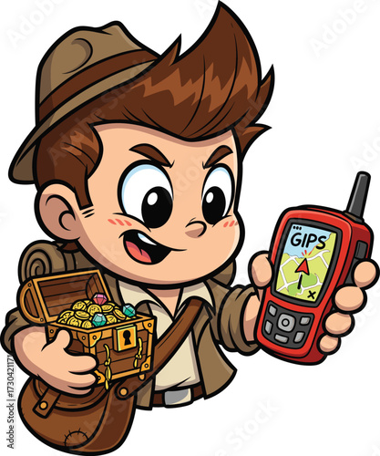 Cartoon boy adventurer holding treasure chest and gps device