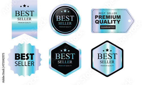 Set of Color holographic stickers template, label. Round Shiny Smooth Mirror Rainbow Emblem Best seller. Award, medal with stars. Used for business purpose