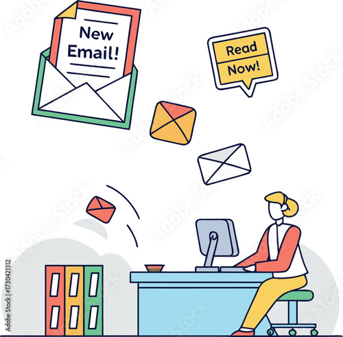 New email notification with person at computer receiving messages symbolizing inbox management, digital communication, online correspondence, newsletter marketing, and office workflow illustration