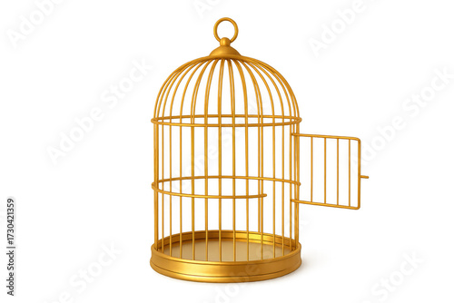 Golden birdcage with door open showing freedom