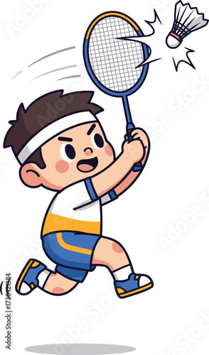 Cartoon boy playing badminton hitting shuttlecock with racket
