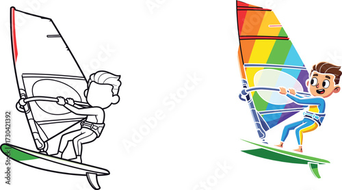 Cartoon boy windsurfing with a rainbow sail on a green board