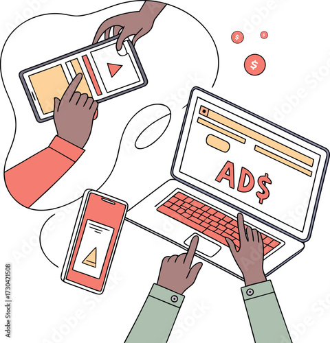 People using laptop, tablet, and smartphone with online advertising interface representing digital marketing, PPC, pay per click ads, media promotion, campaign strategy, and business growth illustrati