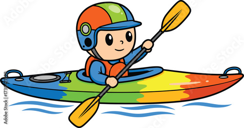 Cartoon child wearing helmet and life vest kayaking on water