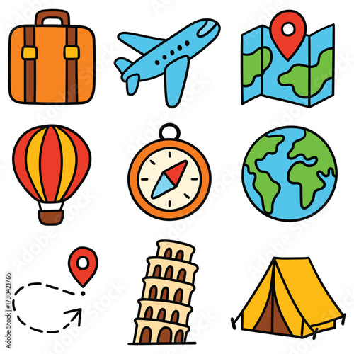 Hand-drawn cartoon travel and tourism icon set isolated on white background. Baggage, airplane, map, hot air balloon, compass, planet earth, navigation, showplace, tent. Vector illustration.