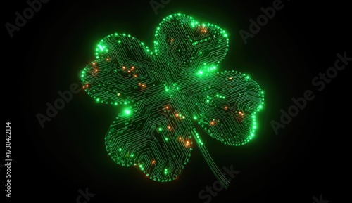 Glowing digital shamrock against dark background symbolising luck and fortune