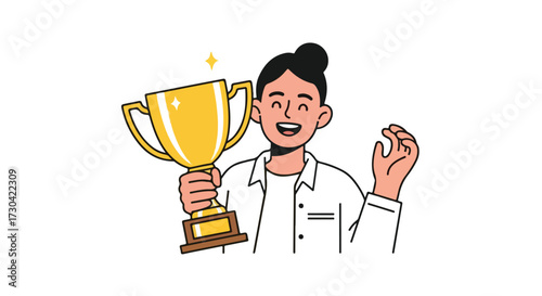 Illustrated depiction of an elated woman clutching a gleaming trophy, embodying accomplishment and success with celebratory expression and stylized