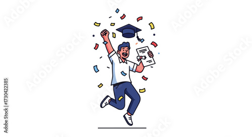 Cheerful Graduate Celebrating Achievement with Confetti and Diploma, Demonstrating Joy, Optimism, and Academic Success in a Minimalist Illustration
