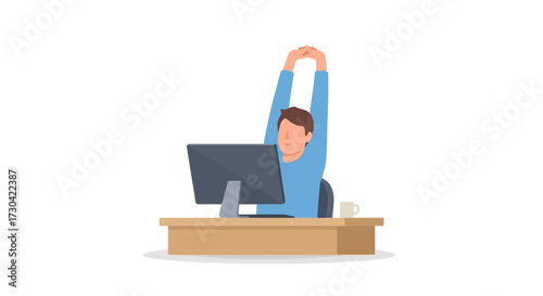 Office worker stretches at his desk, taking a break to relieve tension and improve posture during a long workday, enhancing productivity and wellbeing