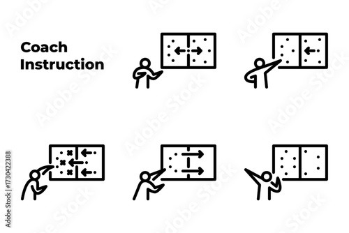 Coach Instruction outline icon set. Football strategy black line illustration.