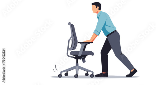 Illustration of a man relocating an office chair showcasing workplace ergonomics and office dynamics in a workspace setting