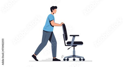 Man pushing an office chair in minimalistic flat vector style illustrating movement and relocation dynamics concept conveying transfer and simplicity