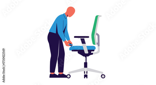 Ergonomic chair adjustment scene, person altering office chair settings for optimal comfort and posture in a modern workspace simulation