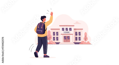 Cheerful student waving goodbye in front of school showcasing the academic year and educational journey commencing with joy and anticipation