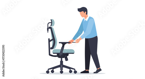 Man adjusts modern ergonomic office chair, illustration conveying workplace comfort and professional well being for efficiency, modern and